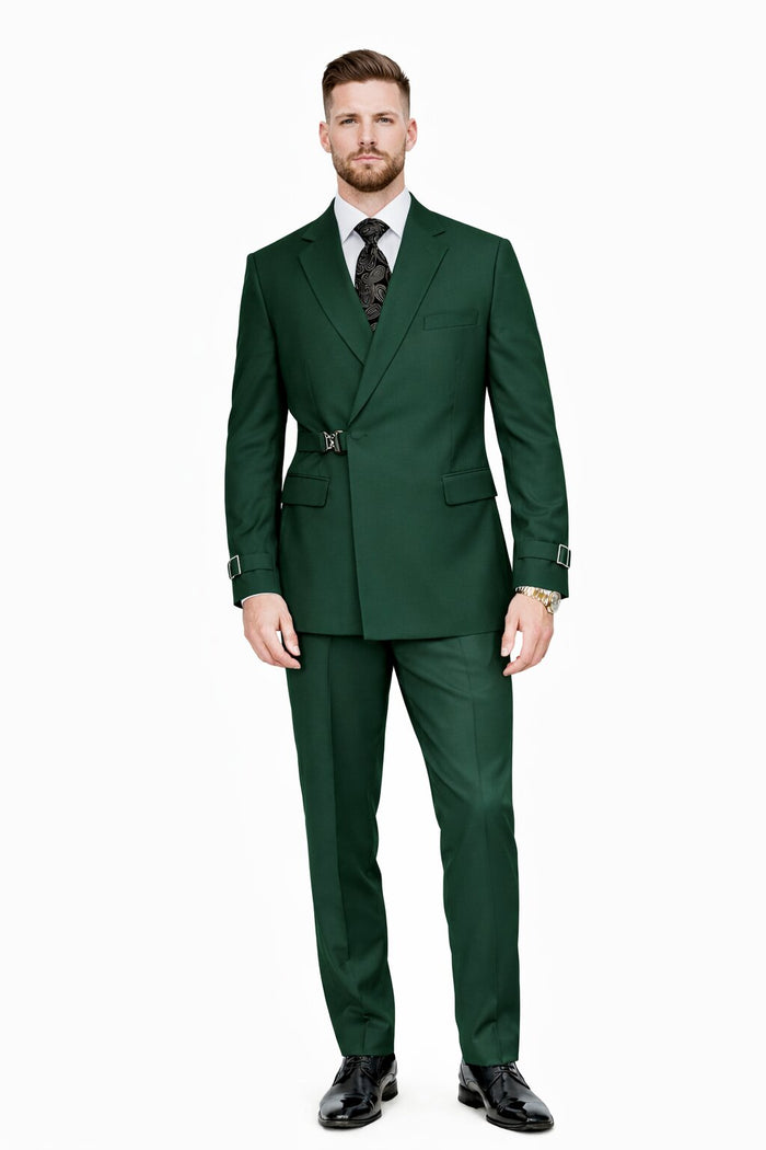 Mens Designer Tailored Fit Hunter Green Double Breasted Wool Suit with Metal Buckle Closure Modern Fit