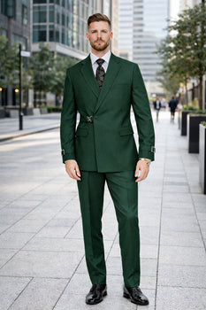 Mens Designer Tailored Fit Hunter Green Double Breasted Wool Suit with Metal Buckle Closure