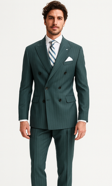 Mens "Hunter Green - Olive Green" Double Breasted Pinstripe Suit - Flat Front Pant