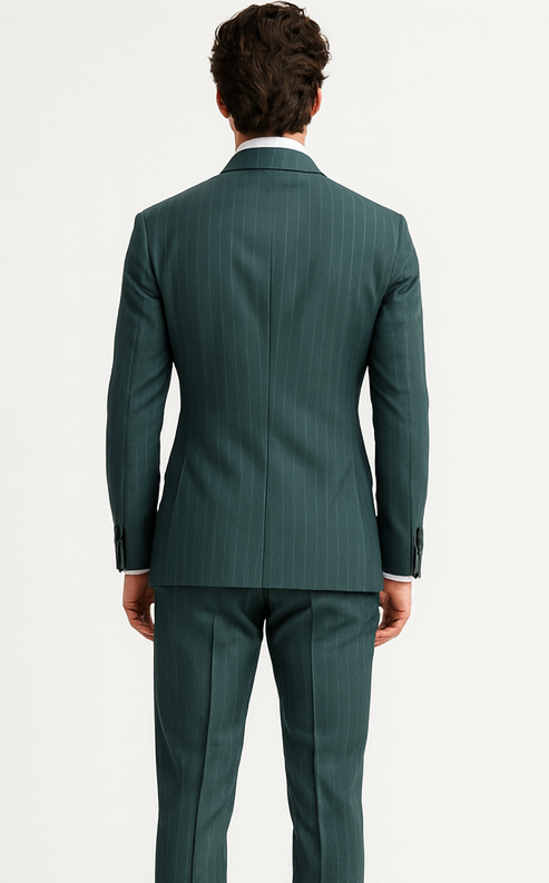 Mens "Hunter Green - Olive Green" Double Breasted Pinstripe Suit - Flat Front Pant - Image 2