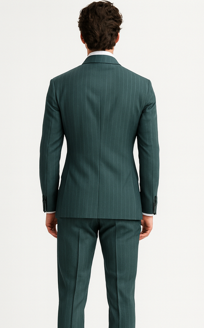 Mens "Hunter Green - Olive Green" Double Breasted Pinstripe Suit - Flat Front Pant - Image 2