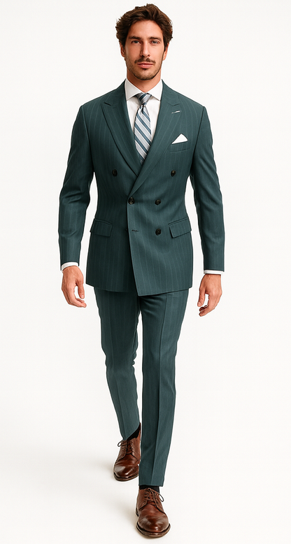 Mens "Hunter Green - Olive Green" Double Breasted Pinstripe Suit - Flat Front Pant - Image 3
