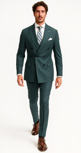 Mens "Hunter Green - Olive Green" Double Breasted Pinstripe Suit - Flat Front Pant