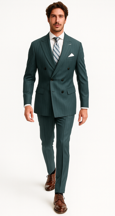 Mens "Hunter Green - Olive Green" Double Breasted Pinstripe Suit - Flat Front Pant