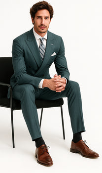 Mens "Hunter Green - Olive Green" Double Breasted Pinstripe Suit - Flat Front Pant - Image 4