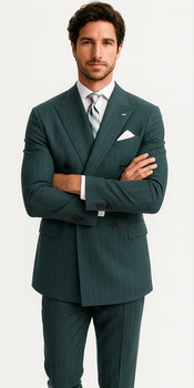 Mens "Hunter Green - Olive Green" Double Breasted Pinstripe Suit - Flat Front Pant - Image 5