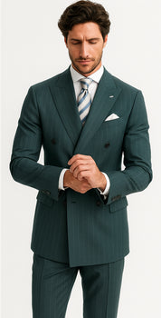 Mens "Hunter Green - Olive Green" Double Breasted Pinstripe Suit - Flat Front Pant - Image 6
