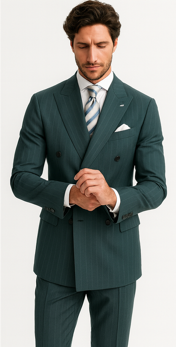 Mens "Hunter Green - Olive Green" Double Breasted Pinstripe Suit - Flat Front Pant