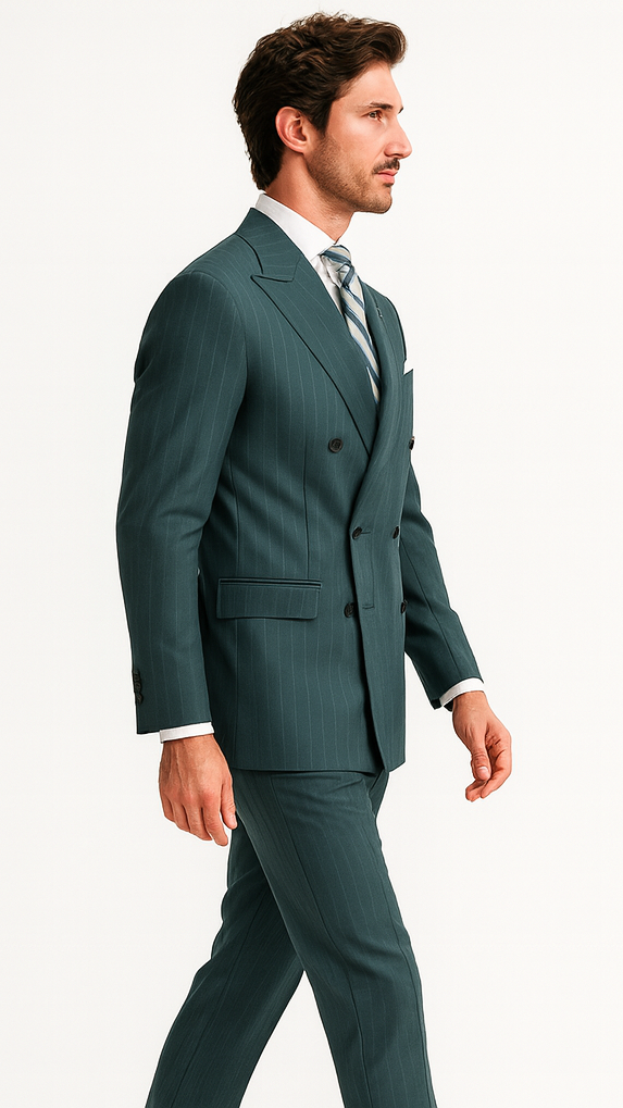 Mens "Hunter Green - Olive Green" Double Breasted Pinstripe Suit - Flat Front Pant - Image 7