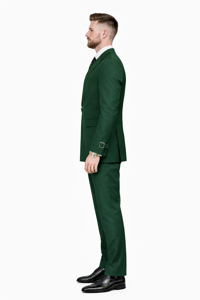 Mens Designer Tailored Fit Hunter Green Double Breasted Wool Suit with Metal Buckle Closure Modern Fit