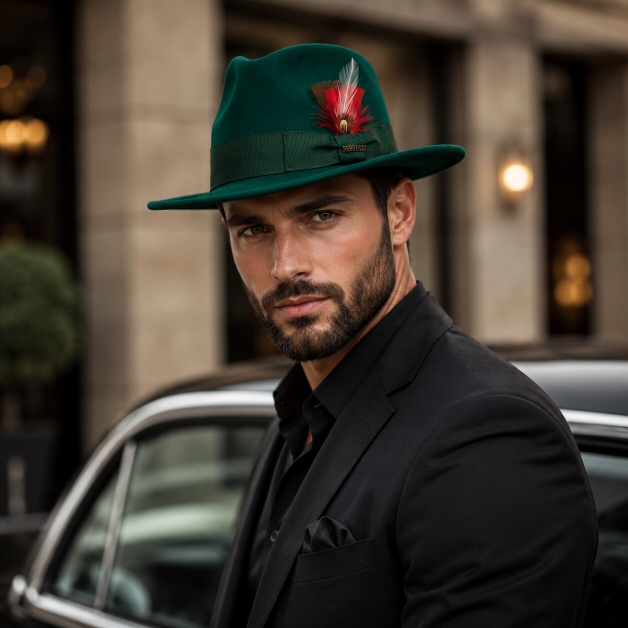 Gangster 100% Australian Wool Crushable Mens Fedora Hat - Removable Feather Gangster  Hunter Green Mens Fedora Hat