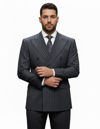 Mens Italian Wool Suit Color Charcoal Grey - Men's Designer Classic Fit Double Breasted Wool Pinstripe Charcoal Grey Suit - Image 8