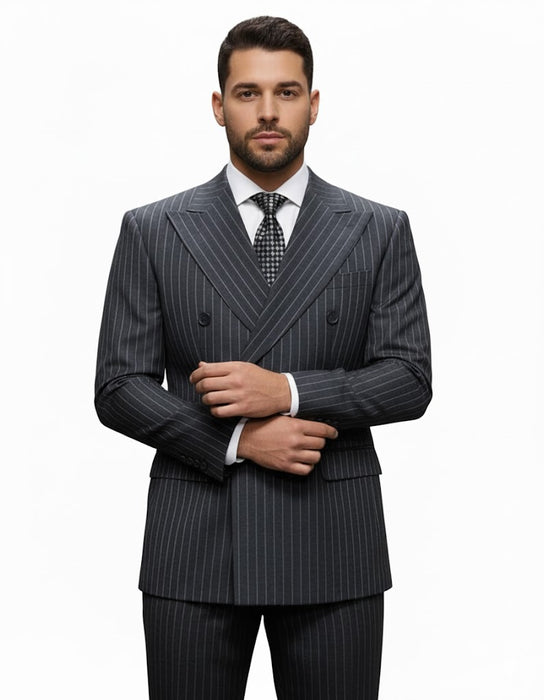 Mens Italian Wool Suit Color Charcoal Grey - Men's Designer Classic Fit Double Breasted Wool Pinstripe Charcoal Grey Suit