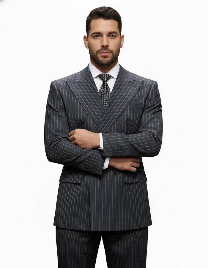 Mens Italian Wool Suit Color Charcoal Grey - Men's Designer Classic Fit Double Breasted Wool Pinstripe Charcoal Grey Suit - Image 4
