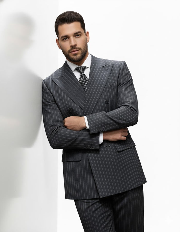 Mens Italian Wool Suit Color Charcoal Grey - Men's Designer Classic Fit Double Breasted Wool Pinstripe Charcoal Grey Suit - Image 6