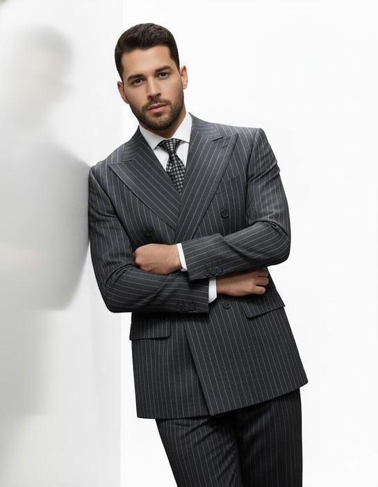 Mens Italian Wool Suit Color Charcoal Grey - Men's Designer Classic Fit Double Breasted Wool Pinstripe Charcoal Grey Suit