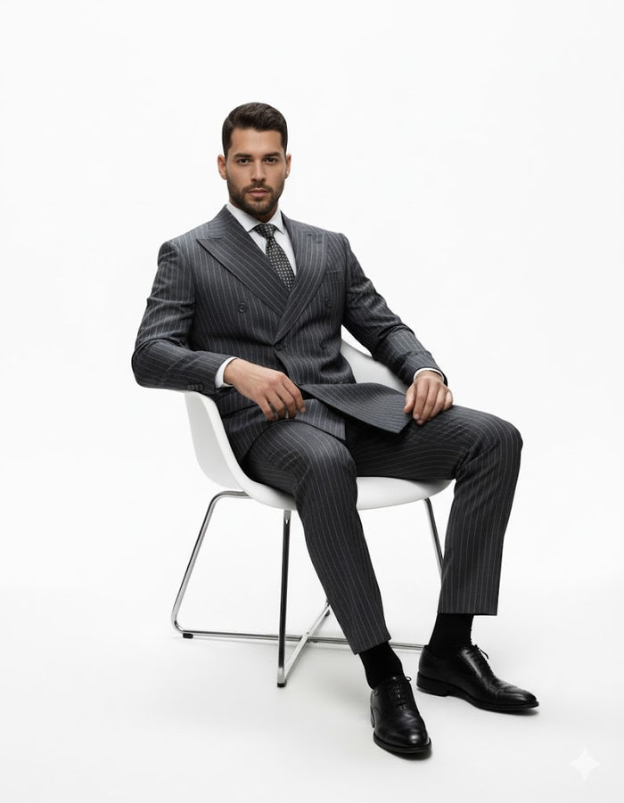 Mens Italian Wool Suit Color Charcoal Grey - Men's Designer Classic Fit Double Breasted Wool Pinstripe Charcoal Grey Suit - Image 7