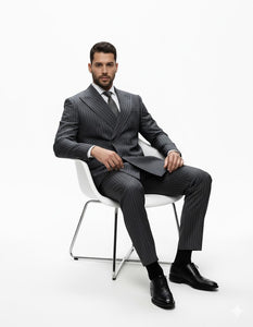 Mens Italian Wool Suit Color Charcoal Grey - Men's Designer Classic Fit Double Breasted Wool Pinstripe Charcoal Grey Suit