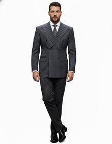 Mens Italian Wool Suit Color Charcoal Grey - Men's Designer Classic Fit Double Breasted Wool Pinstripe Charcoal Grey Suit