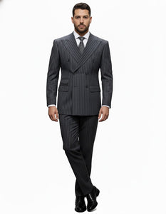 Mens Italian Wool Suit Color Charcoal Grey - Men's Designer Classic Fit Double Breasted Wool Pinstripe Charcoal Grey Suit