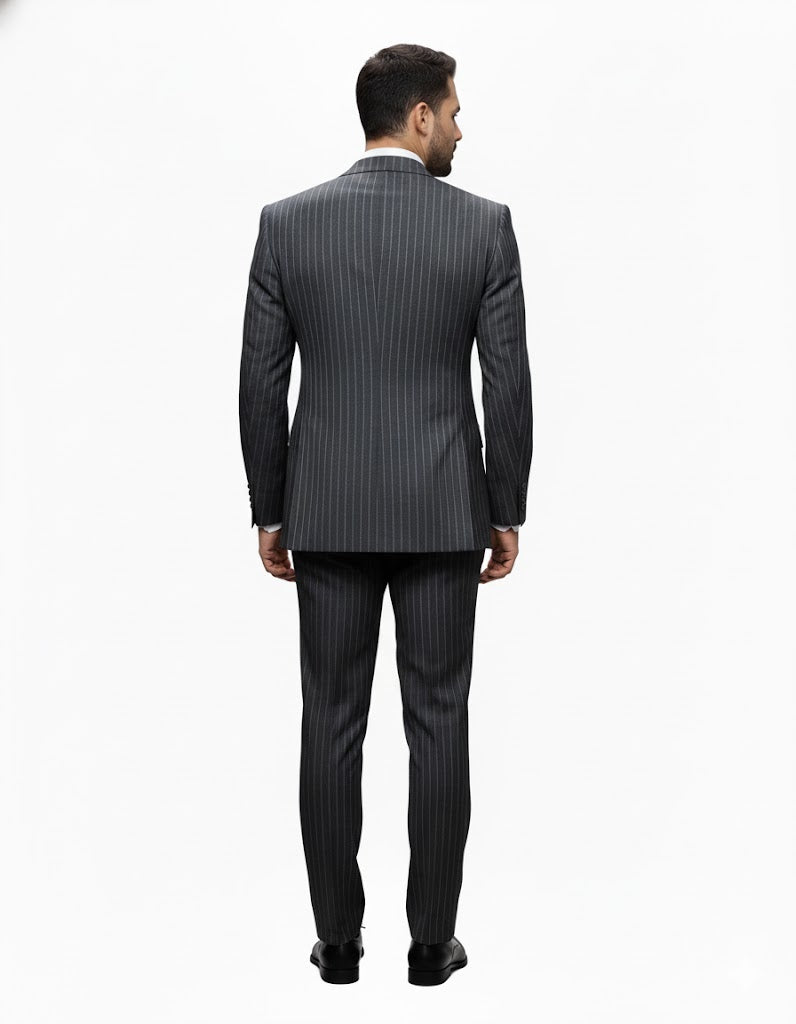 Mens Italian Wool Suit Color Charcoal Grey - Men's Designer Classic Fit Double Breasted Wool Pinstripe Charcoal Grey Suit - Image 2