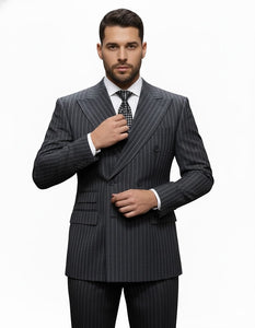 Mens Italian Wool Suit Color Charcoal Grey - Men's Designer Classic Fit Double Breasted Wool Pinstripe Charcoal Grey Suit