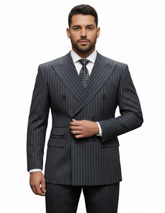 Mens Italian Wool Suit Color Charcoal Grey - Men's Designer Classic Fit Double Breasted Wool Pinstripe Charcoal Grey Suit