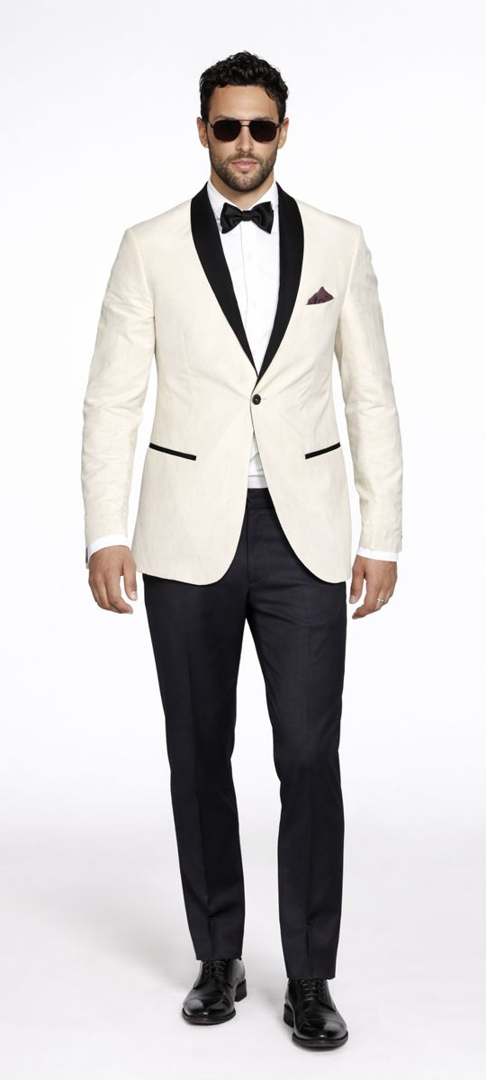 Men's Ivory and Black Satin Lapels Dress The Groom Holds The Wedding Suit (Jacket + Pants) Ivory and Black / 40 Long