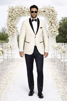 Men's Ivory and Black Satin Lapels Dress The Groom Holds The Wedding Suit (Jacket + Pants) - Image 5