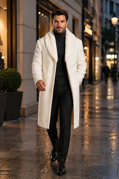 Mens Overcoat With Fur Collar - Ivory Topcoat