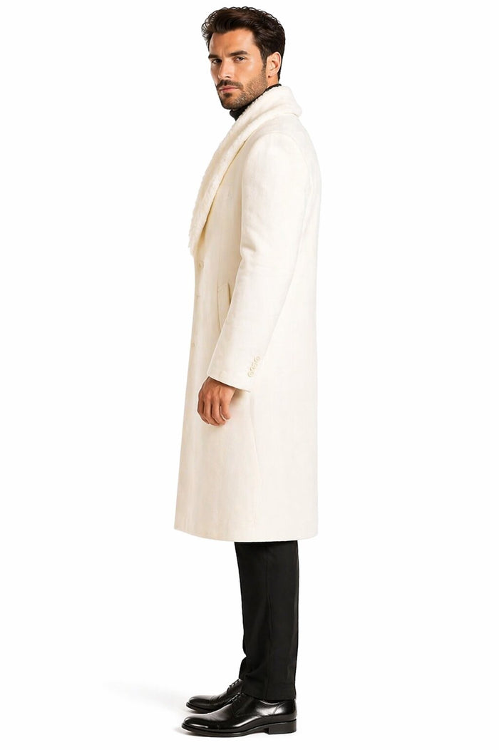Mens Overcoat With Fur Collar - Ivory Topcoat
