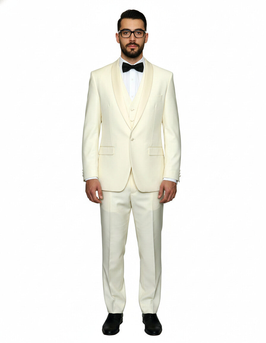 Mens 1 Button Shawl Lapel Vested Wool Prom | Wedding Tuxedo in Ivory