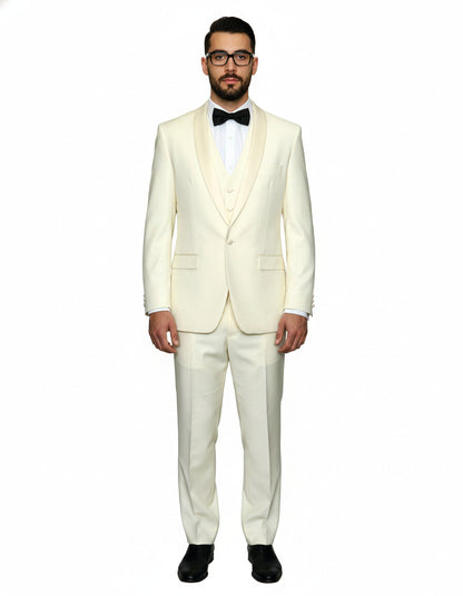 Mens 1 Button Shawl Lapel Vested Wool Prom | Wedding Tuxedo in Ivory