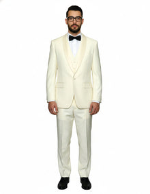 Mens 1 Button Shawl Lapel Vested Wool Prom | Wedding Tuxedo in Ivory