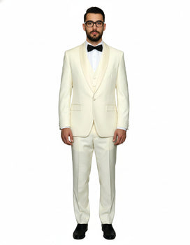 Mens 1 Button Shawl Lapel Vested Wool Prom | Wedding Tuxedo in Ivory