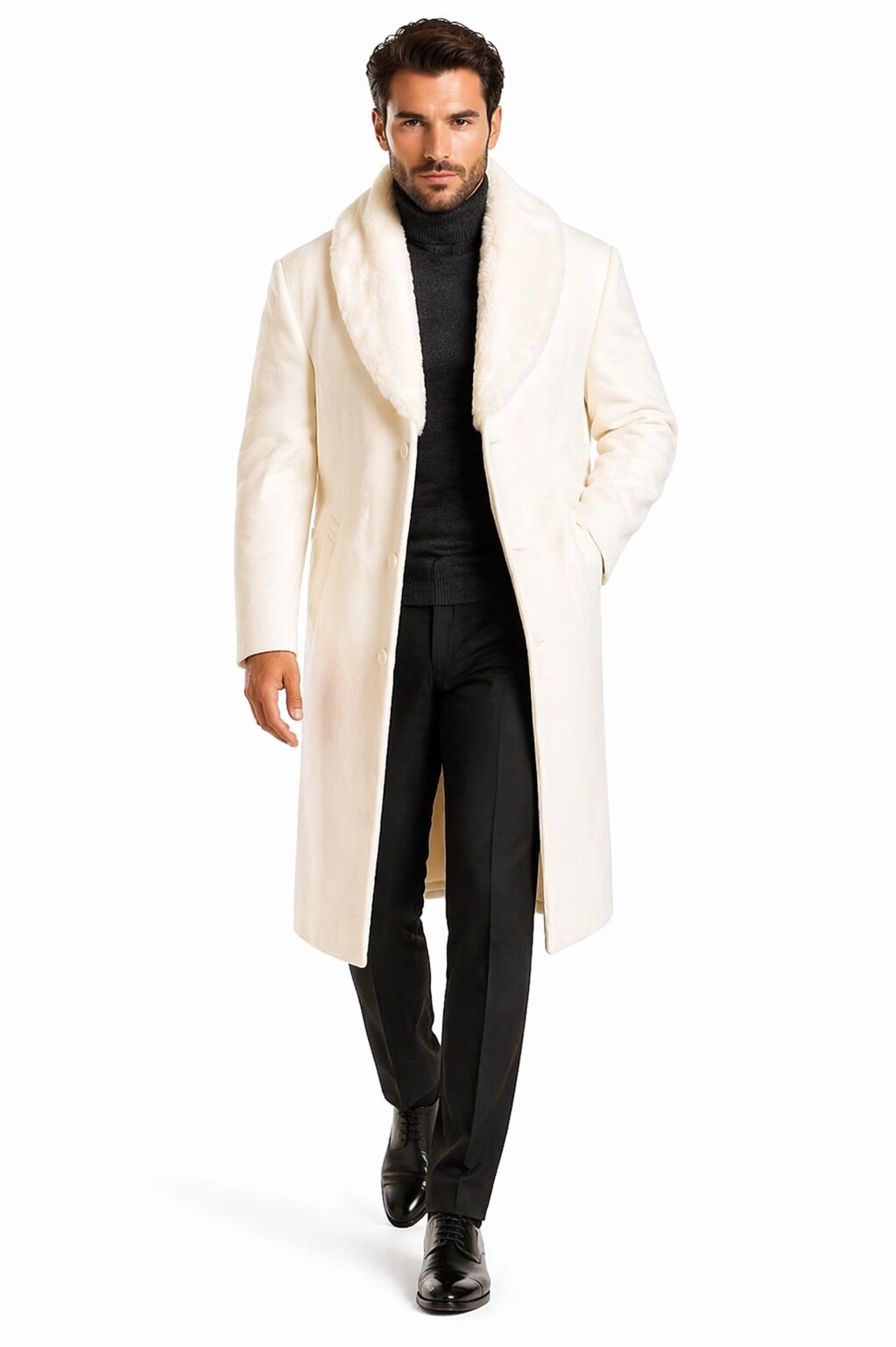 Mens Overcoat With Fur Collar - Ivory Topcoat
