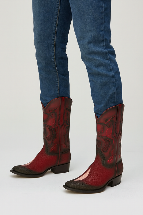 Men's King Exotic Snip Toe Stingray Boots Single Stone Handmade Burnished Burgundy (494R1243)