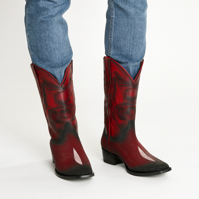 Men's King Exotic Snip Toe Stingray Boots Single Stone Handmade Burnished Burgundy (494R1243)