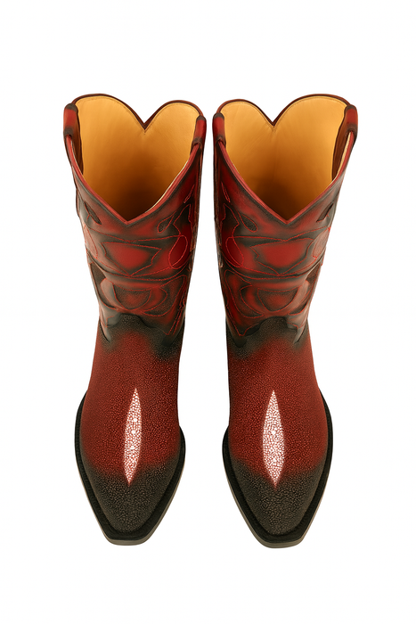 Men's King Exotic Snip Toe Stingray Boots Single Stone Handmade Burnished Burgundy (494R1243)