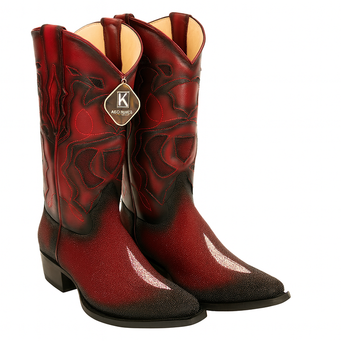 Men's King Exotic Snip Toe Stingray Boots Single Stone Handmade Burnished Burgundy (494R1243)