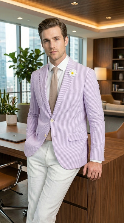 Mens Lavender Seersucker Blazer – Lightweight Striped Summer Sport Coat Casual Smart Formal Jacket