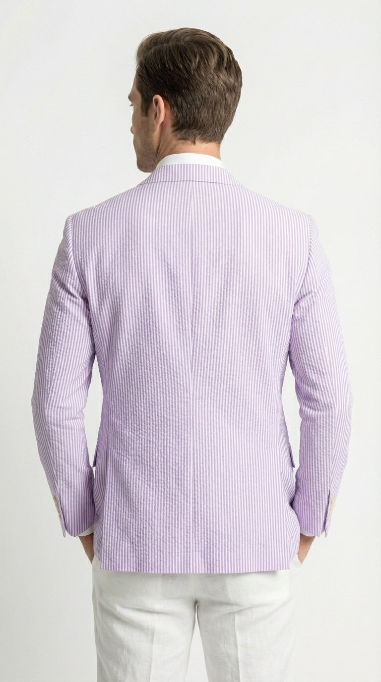 Mens Lavender Seersucker Blazer – Lightweight Striped Summer Sport Coat Casual Smart Formal Jacket