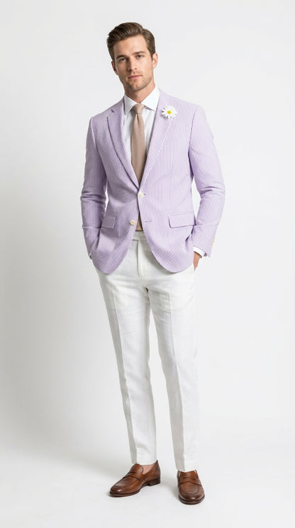 Mens Lavender Seersucker Blazer – Lightweight Striped Summer Sport Coat Casual Smart Formal Jacket