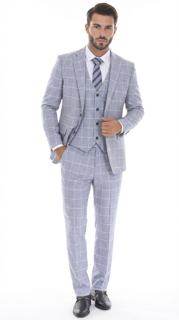 Mens Light Blue Plaid Three Piece Suit – Windowpane Check Wedding and Business Formal Suit Set
