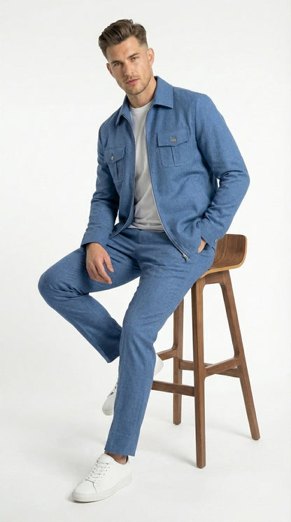 Mens Light Blue Walking Suit Set – Safair Military Casual Jacket and Pants Outfit for Travel, Vacation, Streetwear