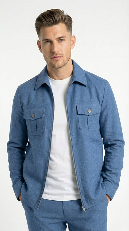 Mens Light Blue Walking Suit Set – Safair Military Casual Jacket and Pants Outfit for Travel, Vacation, Streetwear