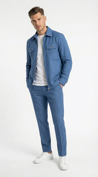 Mens Light Blue Walking Suit Set – Safair Military Casual Jacket and Pants Outfit for Travel, Vacation, Streetwear