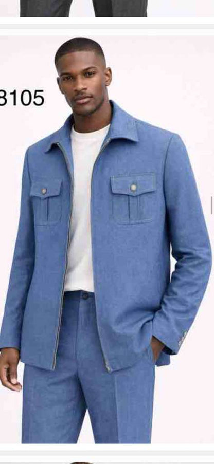 Mens Light Blue Walking Suit Set – Safair Military Casual Jacket and Pants Outfit for Travel, Vacation, Streetwear