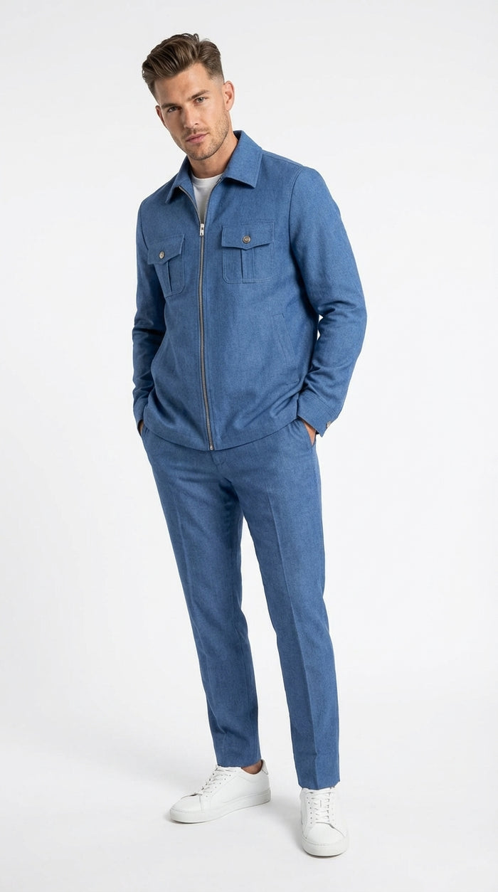 Mens Light Blue Walking Suit Set – Safair Military Casual Jacket and Pants Outfit for Travel, Vacation, Streetwear
