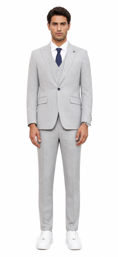 Mens Light Gray and Navy Pinstripe 3 Piece Suit – Peaky Blinders Inspired Vintage Gangster 1920s Suit Modern Fit